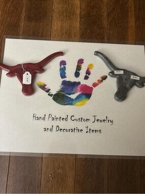 Bundle: Handmade and Painted Colorful Handprint Art Print - 2 longhorn magnets